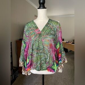 Jeff Gallano Paris Mixed Print Colorful Blouse Size 1  S/M V Neck Long Sleeve